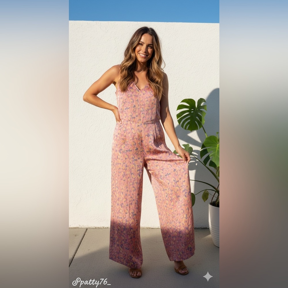 Anthropologie Daily Practice Jumpsuit Leopard Print V-Neck Wide Leg Pink/Yellow
